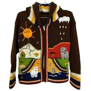Hand Knit Kids Sweater 4/5 Yrs Brown Colourful Zip Front Cardigan Animals CUTE!